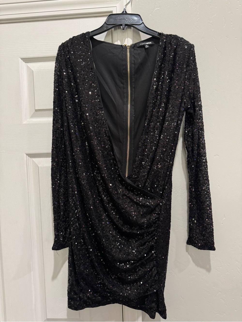 Black Sequin Long-Sleeve Wrap Mini Dress
